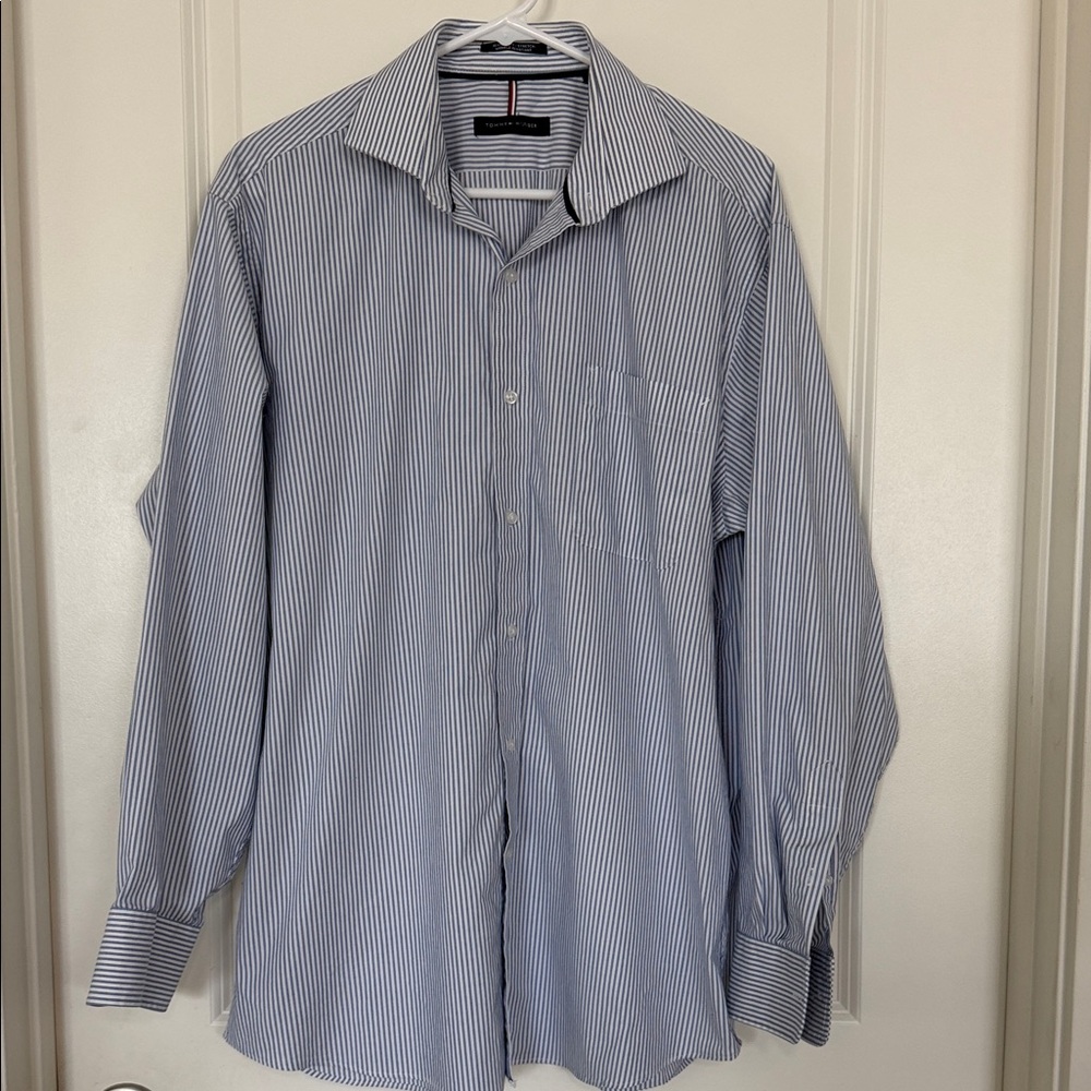 Tommy Hilfiger Men's Striped Dress Shirt - Blue and White